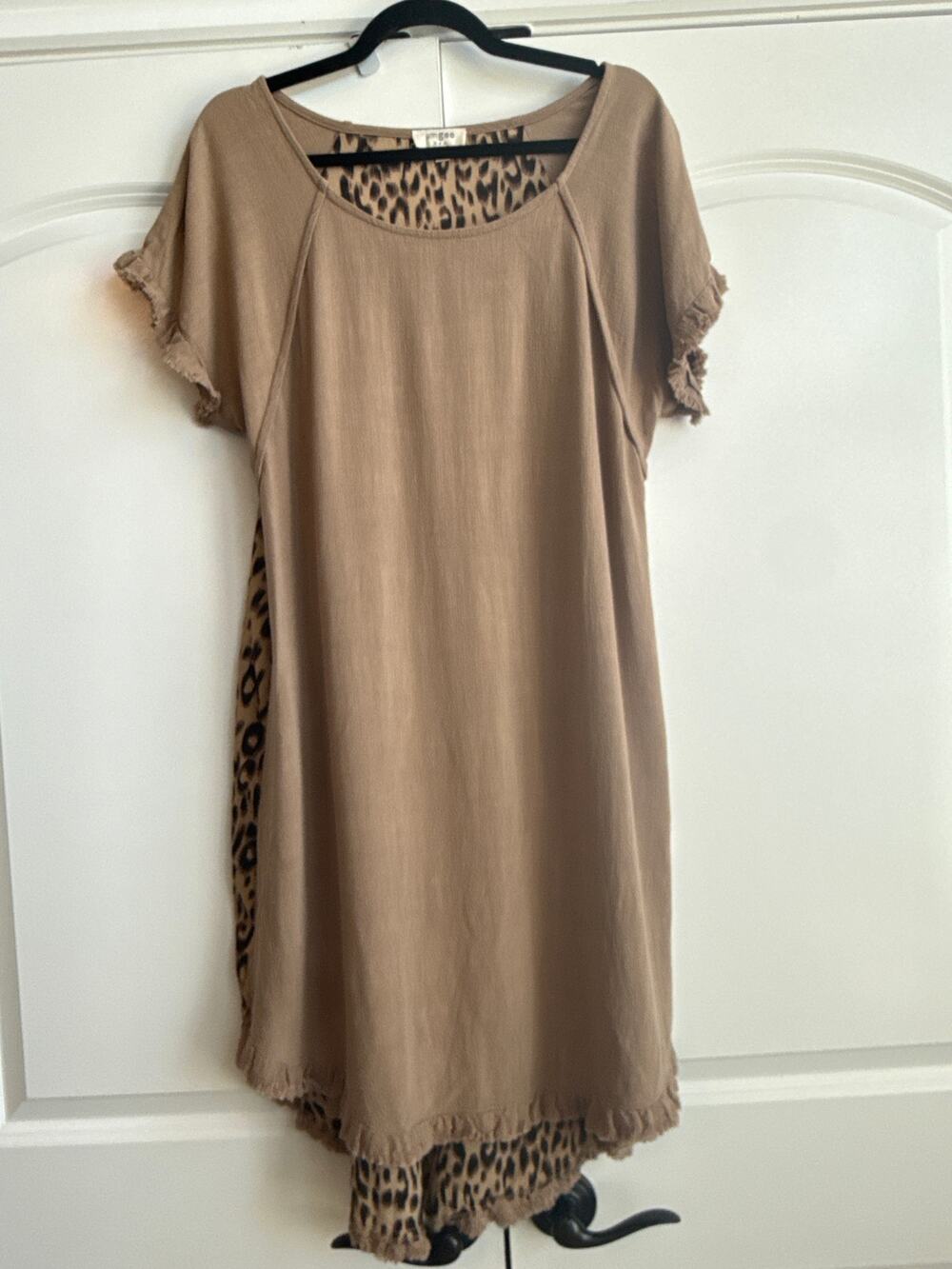 Umgee Light Brown/ Tan and Leopard Animal Print Linen Blend Dress with Pockets